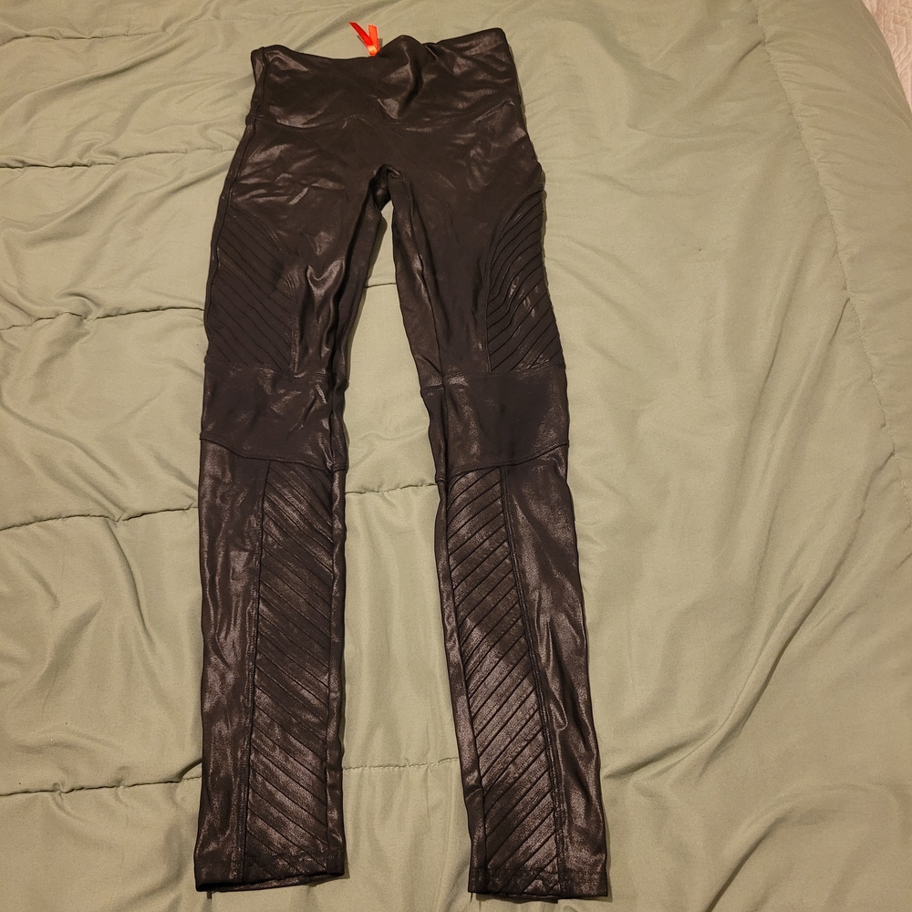 Spanx Black Faux Leather Moto Leggings Fun Biker Goth Punk Grunge Street Wear
